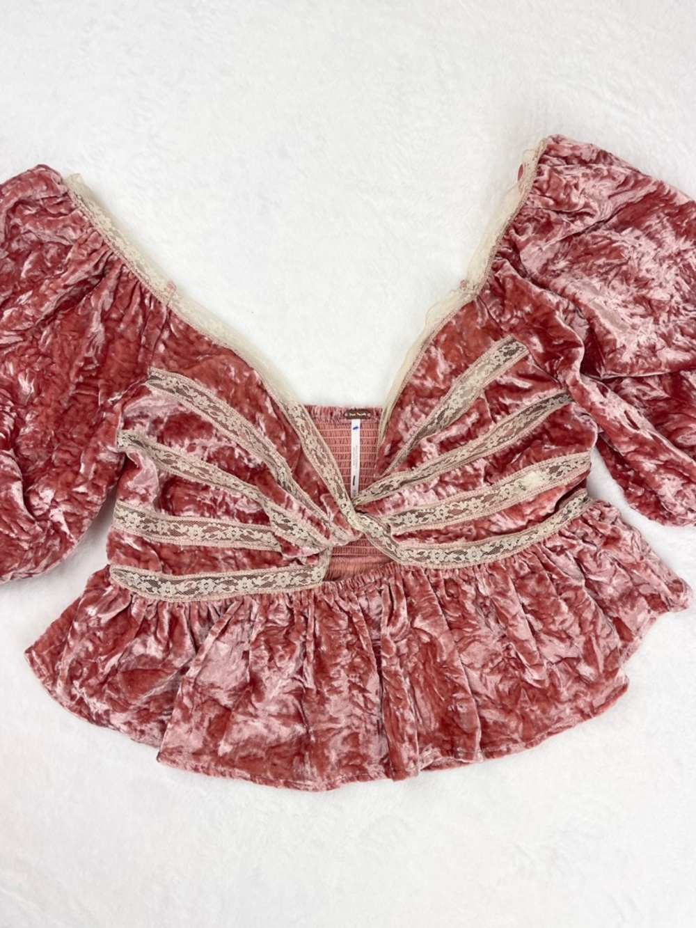 Free People Rose Pink Crushed Velvet Lace-Trim Peplum Top